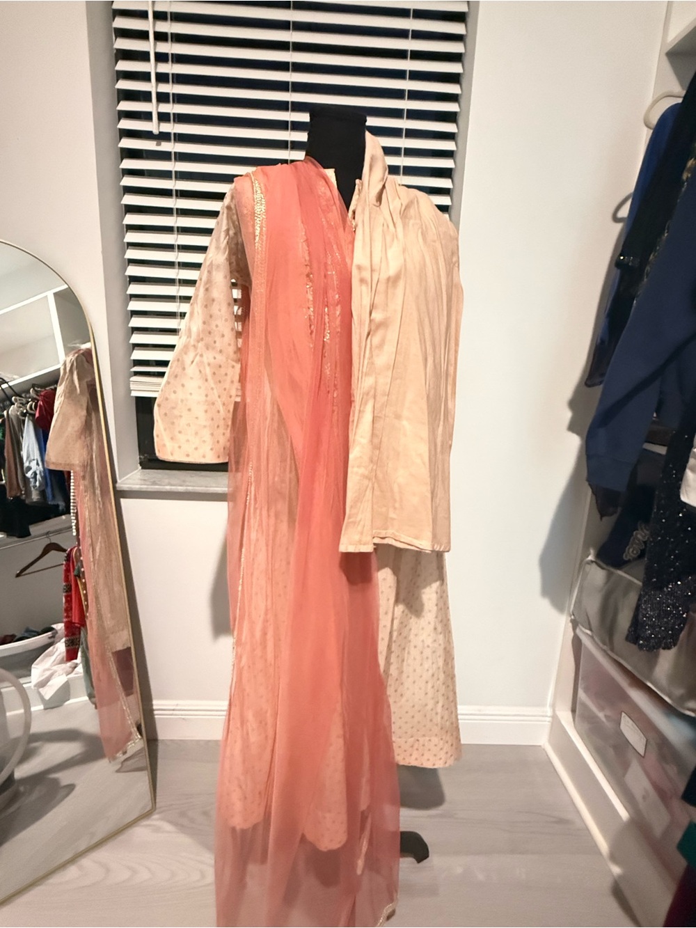 Peach and Cream Maxi Dress with Sheer Peach Dupatta